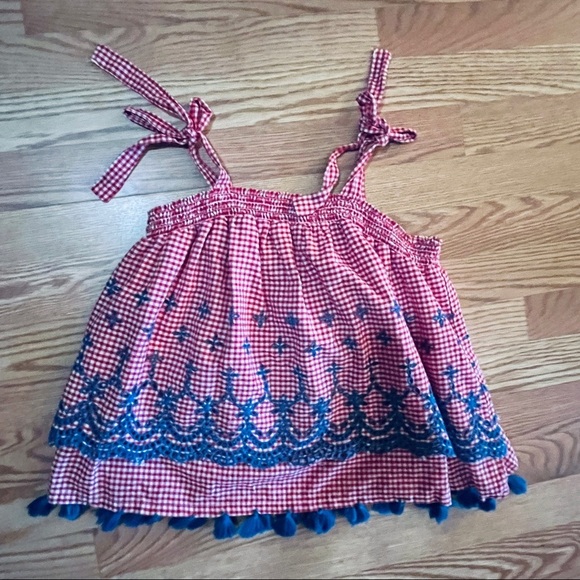 CROWN & Ivory Red & White Checkered W/ Blue Embroidery & Tassels Top Tie Sleeves - Picture 1 of 9